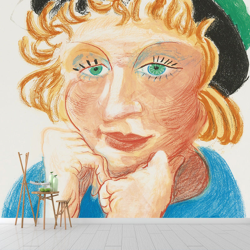 Woman Wearing Green Hat Murals Artistry Waterproof Bedroom Wall Decor, Optional Size