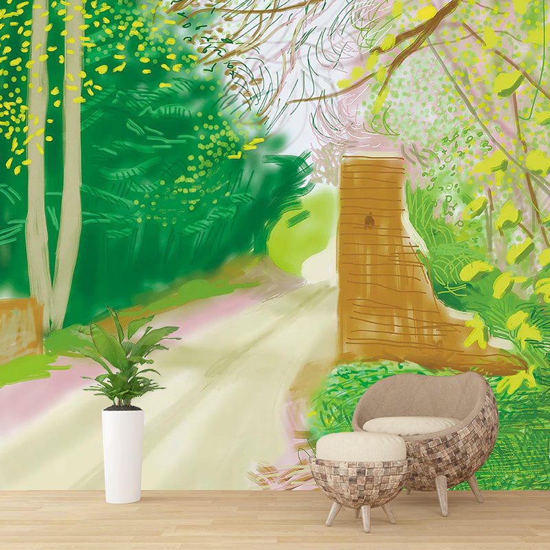 Artistry Spring Forest Path Mural Yellow and Green Scenery Drawing Wall Decoration