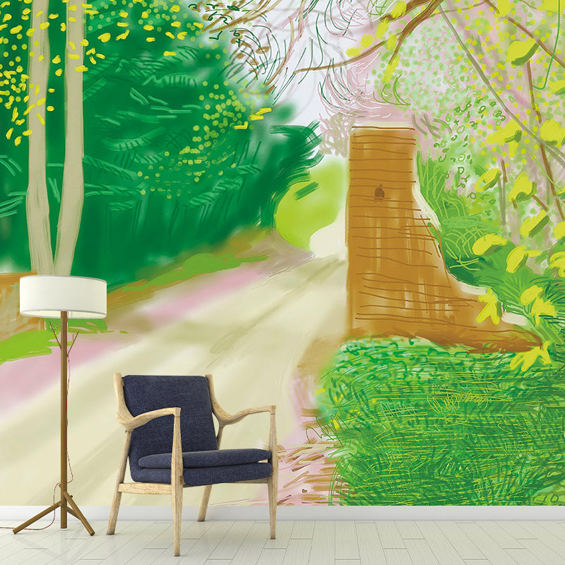 Artistry Spring Forest Path Mural Yellow and Green Scenery Drawing Wall Decoration