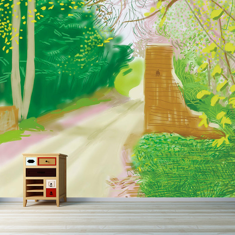 Artistry Spring Forest Path Mural Yellow and Green Scenery Drawing Wall Decoration
