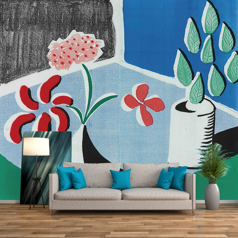 Artistic Plant Potted Flowers Mural Red-Blue-Green Stain Resistant Wall Covering for Home