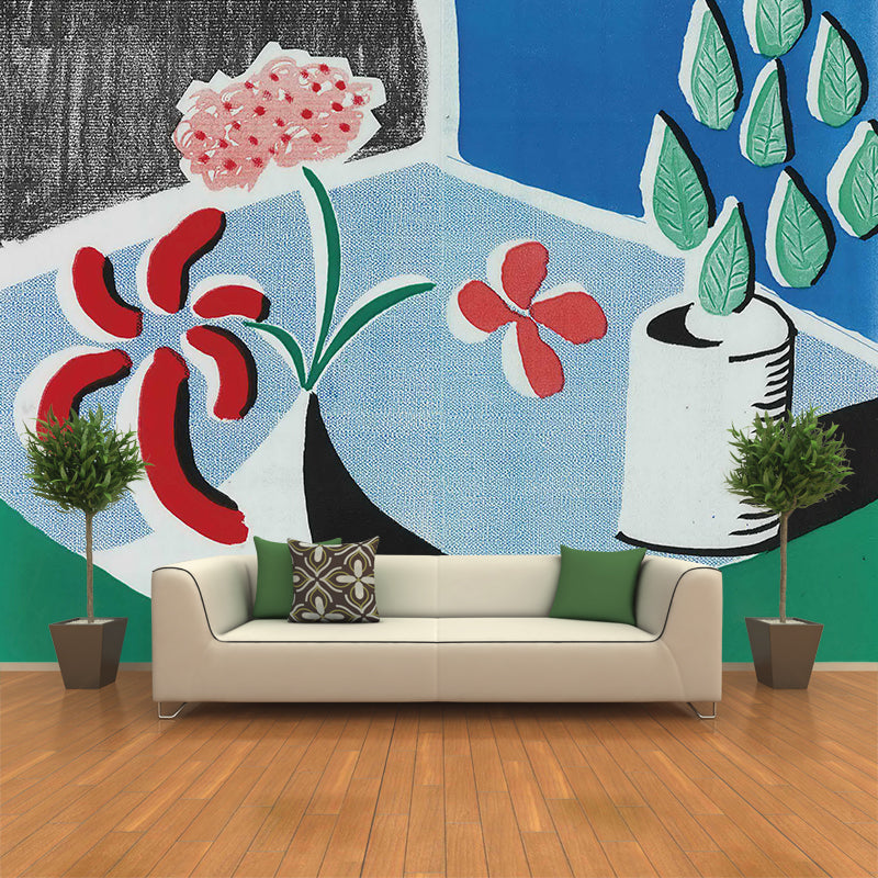 Artistic Plant Potted Flowers Mural Red-Blue-Green Stain Resistant Wall Covering for Home