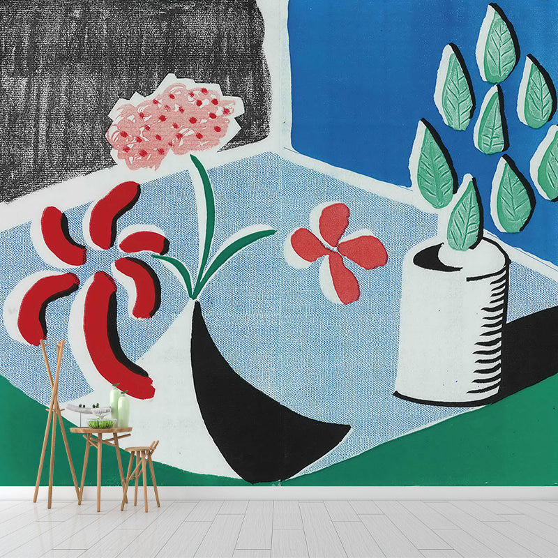 Artistic Plant Potted Flowers Mural Red-Blue-Green Stain Resistant Wall Covering for Home