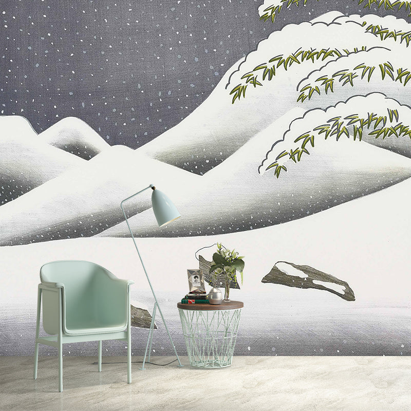Art Snowing Mountain Landscape Murals Grey-Green Stain Resistant Wall Decor for Home