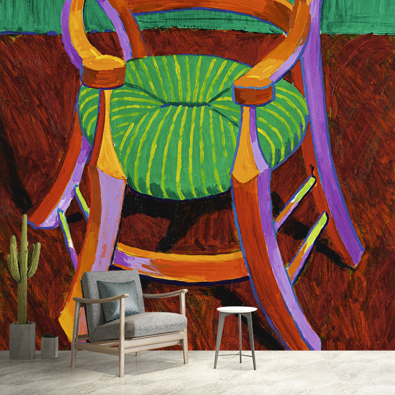 Orange-Green Art Wallpaper Murals Large Wooden Chair Drawing Wall Decor for Hallway