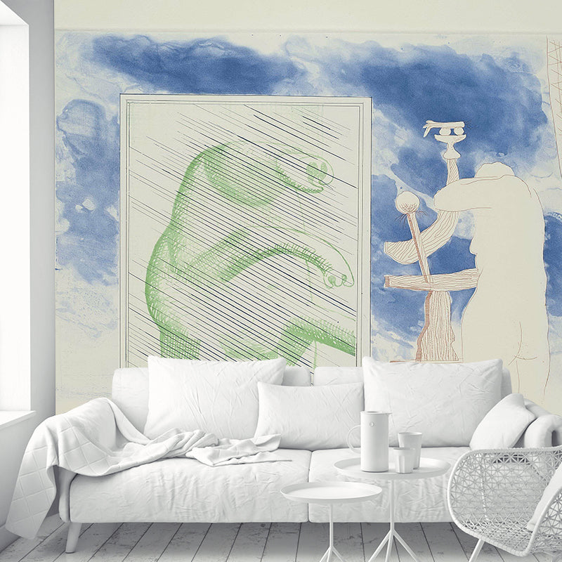 Hockney the Blue Guitar Murals in Green Art Deco Wall Covering for Bedroom, Custom Made