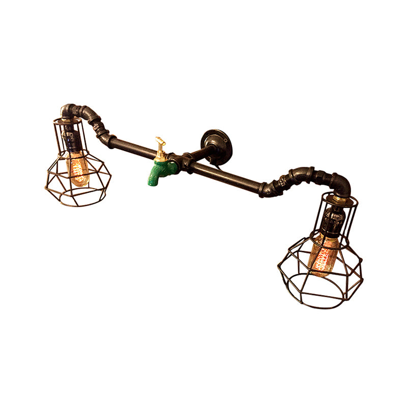 Lámpara de pared de la pared de dormitorio enjaulado Global Metal 2 luces 2 luces Black Diseño con grifos de tubería y agua