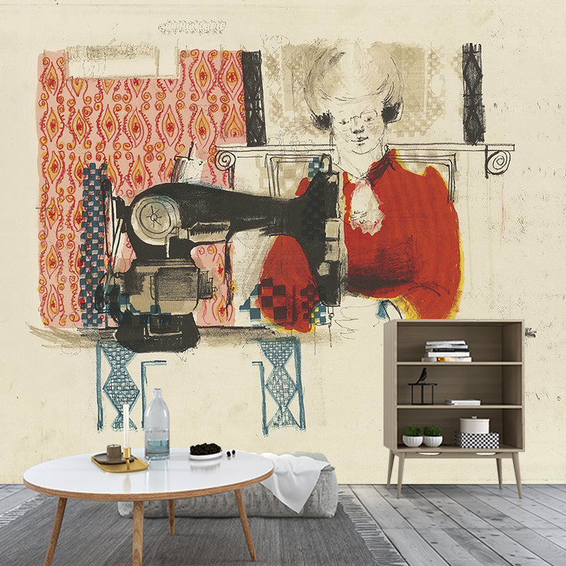 Pastel Color Art Deco Murals Full Size Woman with Sewing Machine Drawing Wall Covering for Home