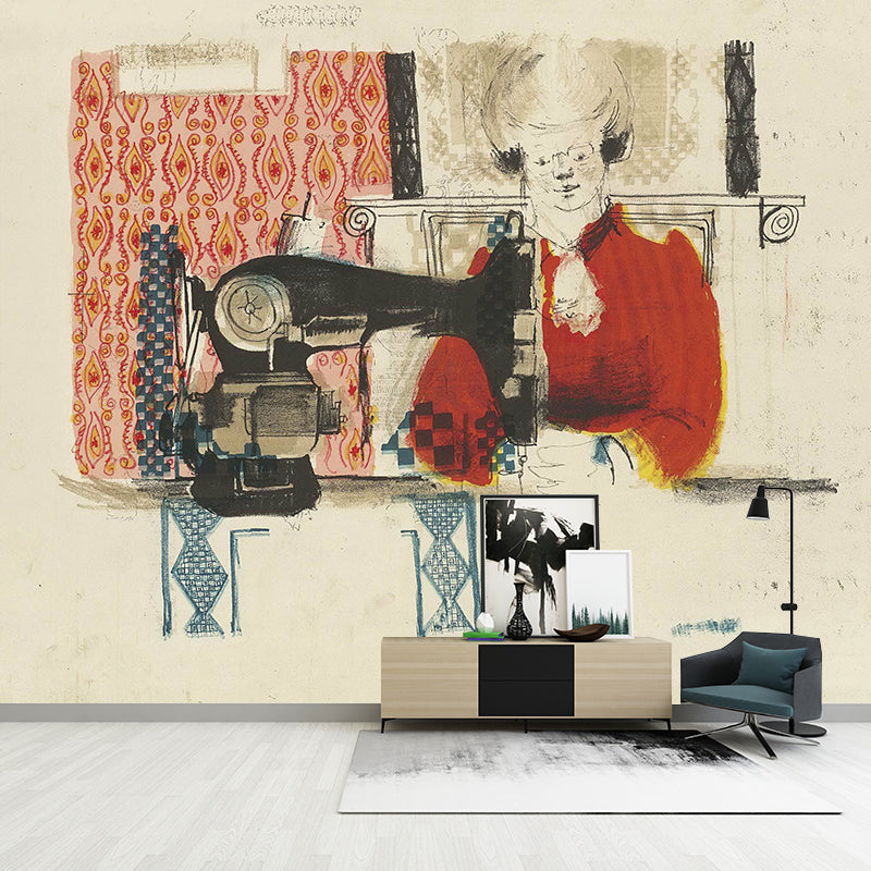Pastel Color Art Deco Murals Full Size Woman with Sewing Machine Drawing Wall Covering for Home