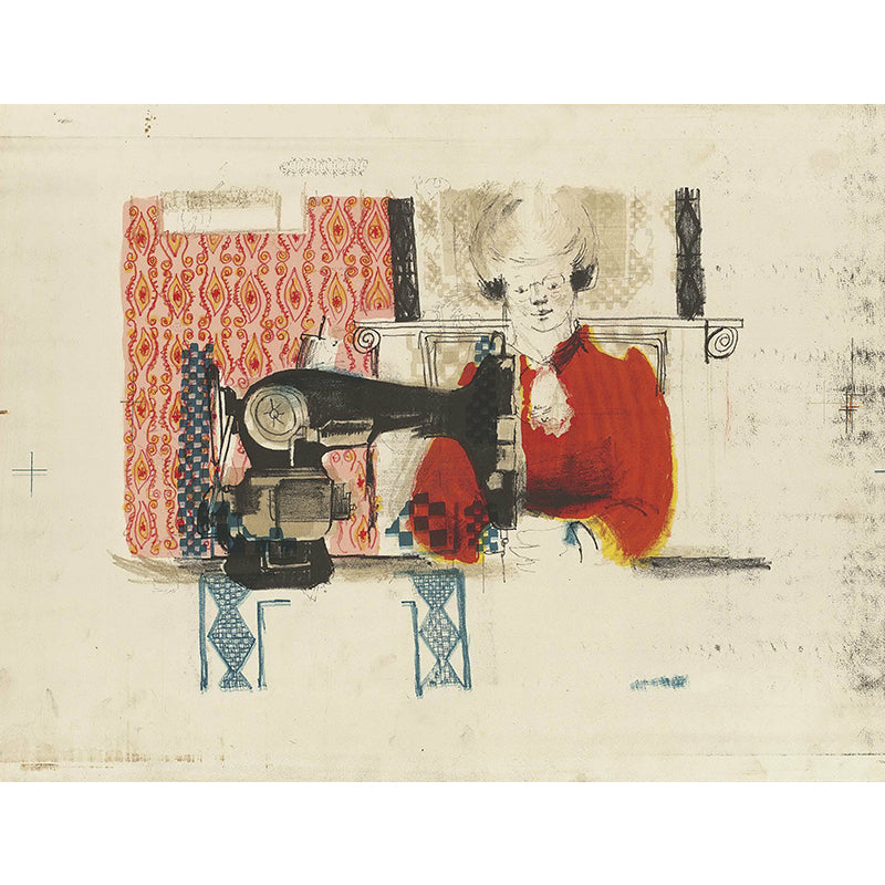 Pastel Color Art Deco Murals Full Size Woman with Sewing Machine Drawing Wall Covering for Home
