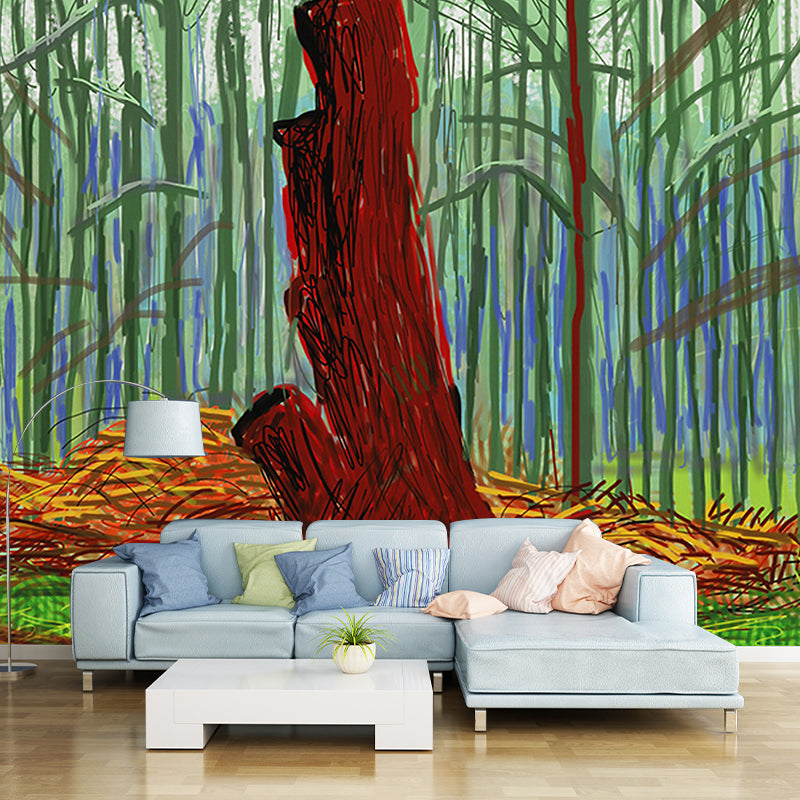 Illustration Wood Trunk Mural Decal for Home Gallery, Orange-Green, Customized Size