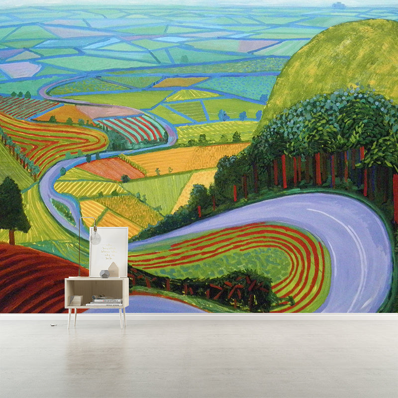 Steep Road to Farm Murals Artistic Washable Bedroom Wall Decor in Yellow-Green, Custom Made