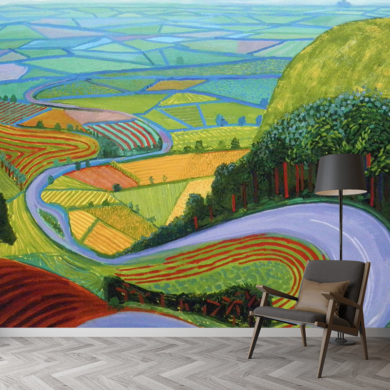 Steep Road to Farm Murals Artistic Washable Bedroom Wall Decor in Yellow-Green, Custom Made