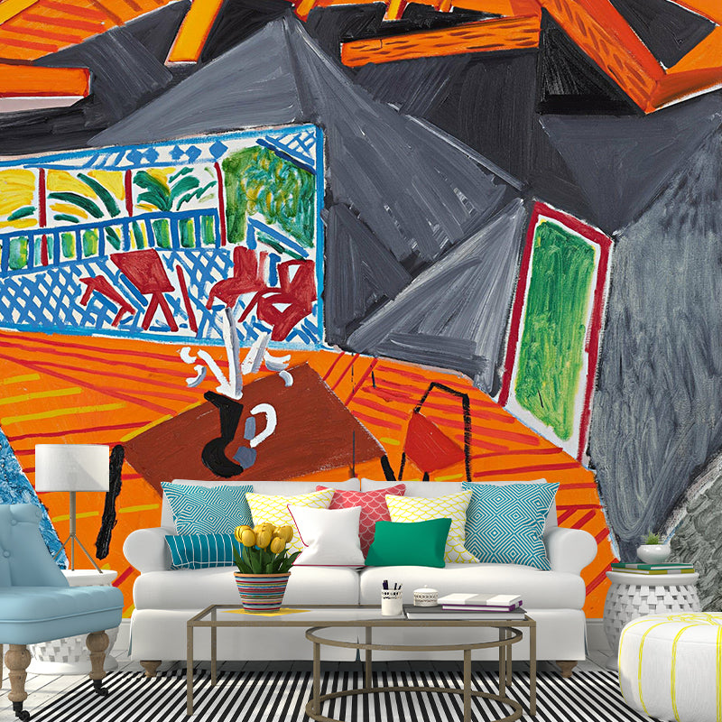 Grey-Orange Artistic Wallpaper Mural Whole Apartment Interior Drawing Wall Covering for Bedroom