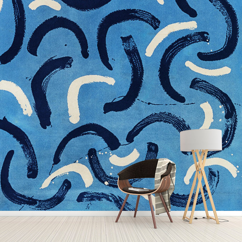 Black-White Curved Lines Mural Still Life Minimalist Washable Wall Art in on Blue