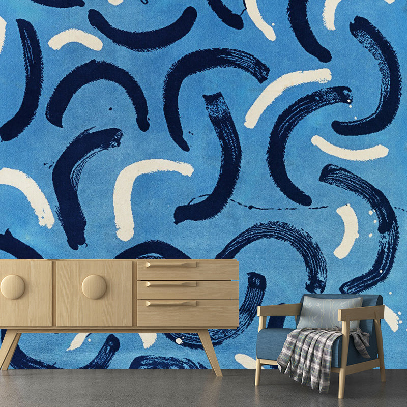 Black-White Curved Lines Mural Still Life Minimalist Washable Wall Art in on Blue