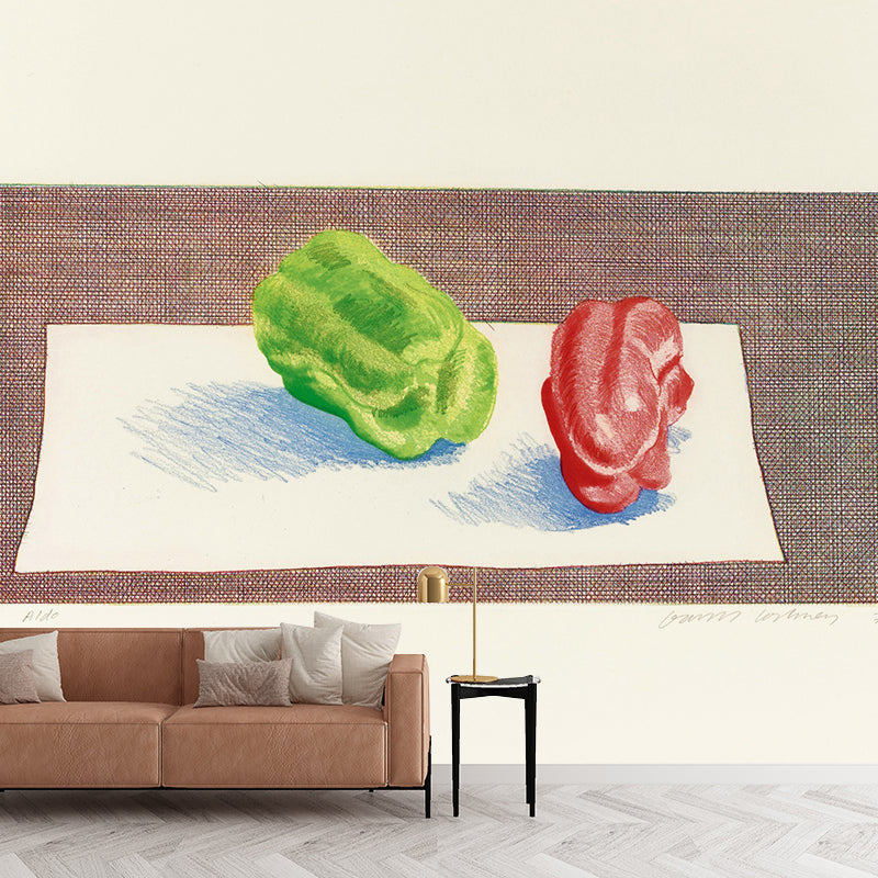 Whole Bell Pepper Drawing Mural Decal Artistic Still Life Wall Decoration in Red-Green