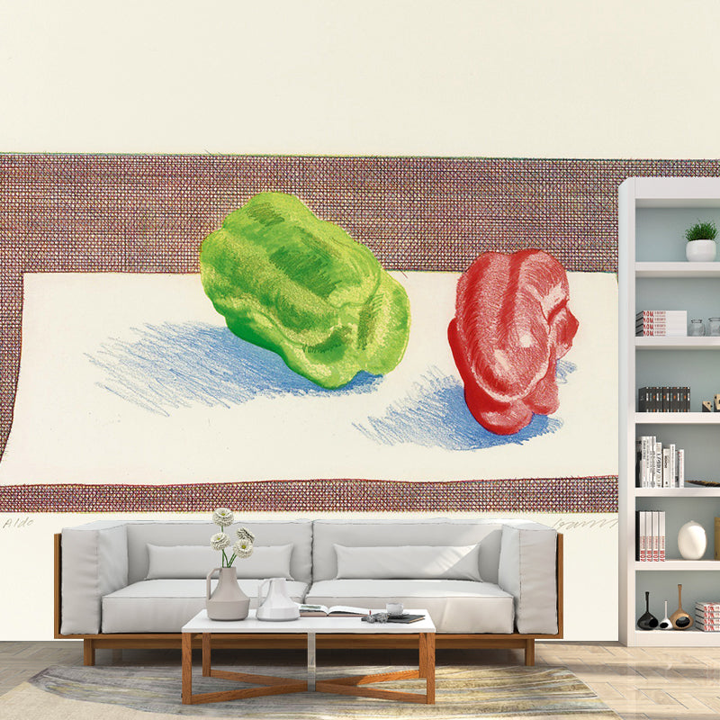 Whole Bell Pepper Drawing Mural Decal Artistic Still Life Wall Decoration in Red-Green