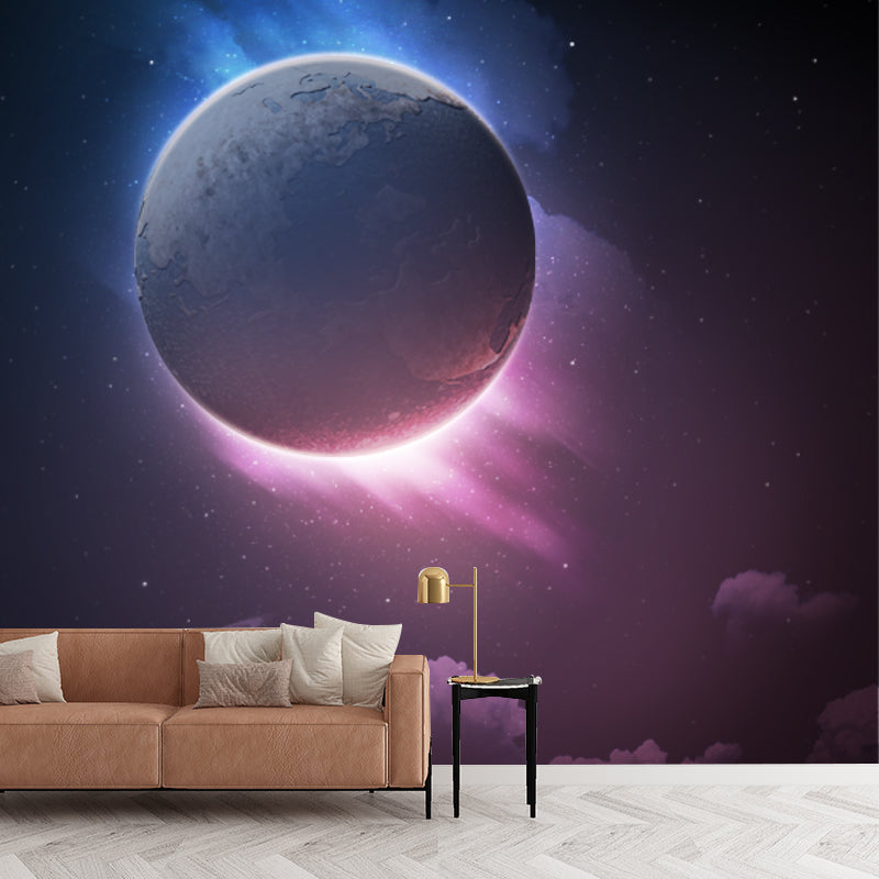 Sci-Fi Eclipses Wallpaper Mural for Bedroom Customized Wall Covering in Purple-Black