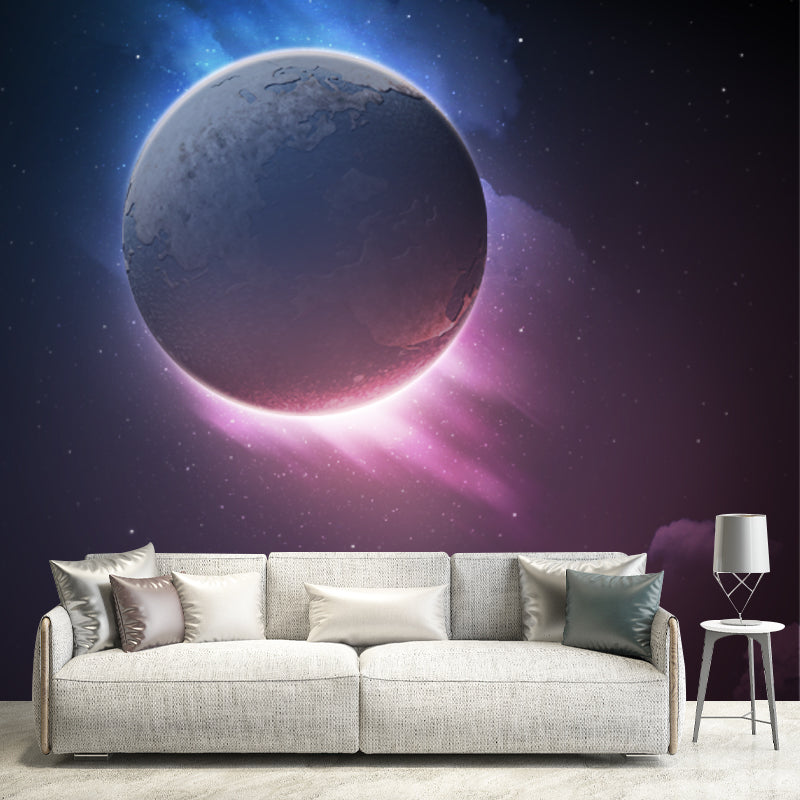 Sci-Fi Eclipses Wallpaper Mural for Bedroom Customized Wall Covering in Purple-Black