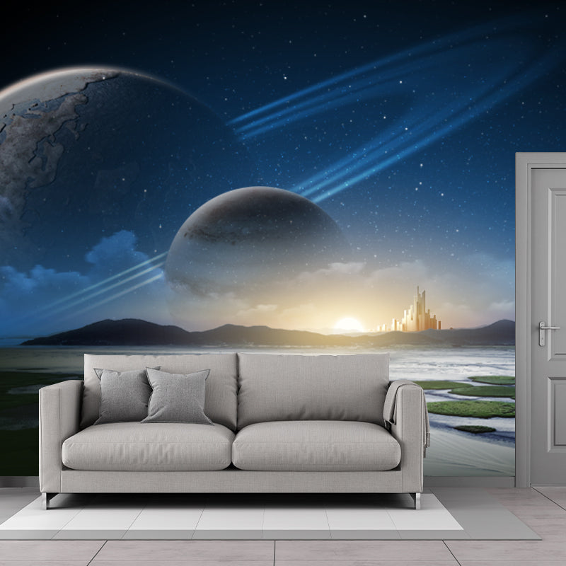 Aqua Sunrise River Scenery Mural Orbital Planet Sci-Fi Moisture Resistant Wall Decor