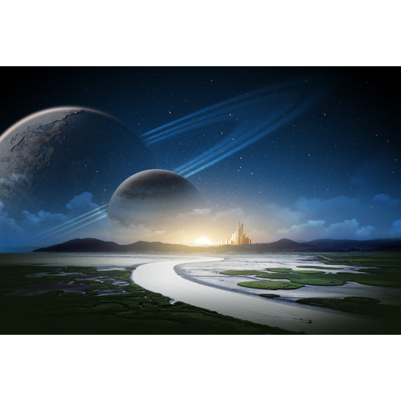 Aqua Sunrise River Scenery Mural Orbital Planet Sci-Fi Moisture Resistant Wall Decor