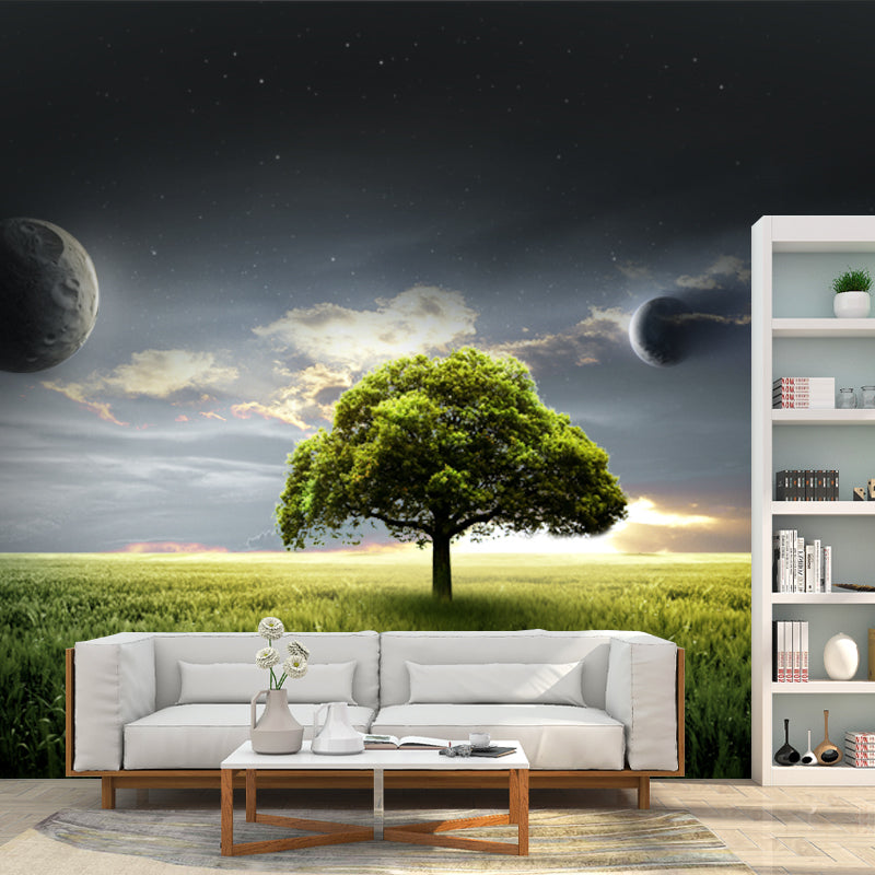 Blue-Green Futuristic Mural Decal Full-Size Tree of Life and Planets Wall Covering
