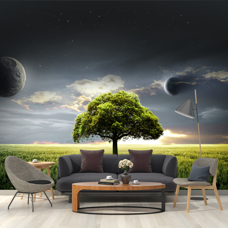 Blue-Green Futuristic Mural Decal Full-Size Tree of Life and Planets Wall Covering