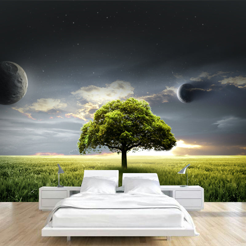 Blue-Green Futuristic Mural Decal Full-Size Tree of Life and Planets Wall Covering