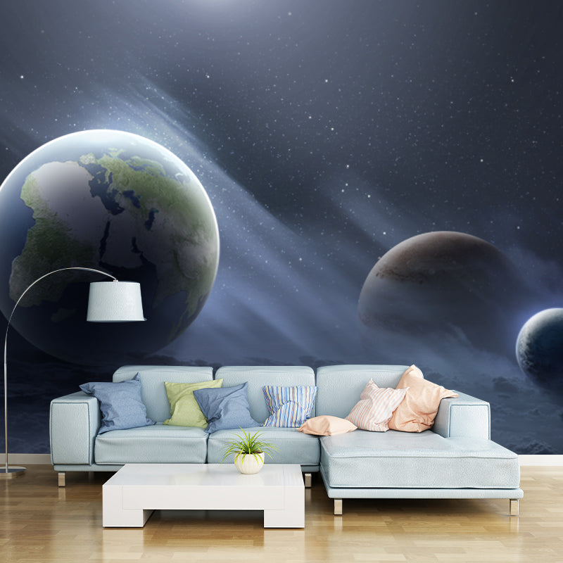 Sci-Fi Galaxy Planets Wall Murals Blue-Green Waterproofing Wall Art for Living Room