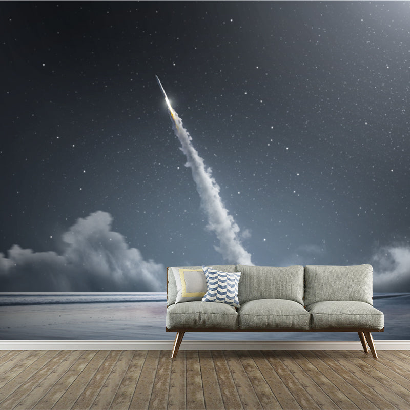 Starry Sky Rocket Wallpaper Mural Futuristic Non-Woven Material Wall Decor in Blue-White