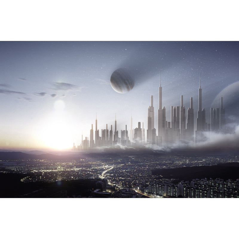 Grey-Blue Future Metropolis Mural Decal Stain-Proof Science Fiction Bedroom Wall Art