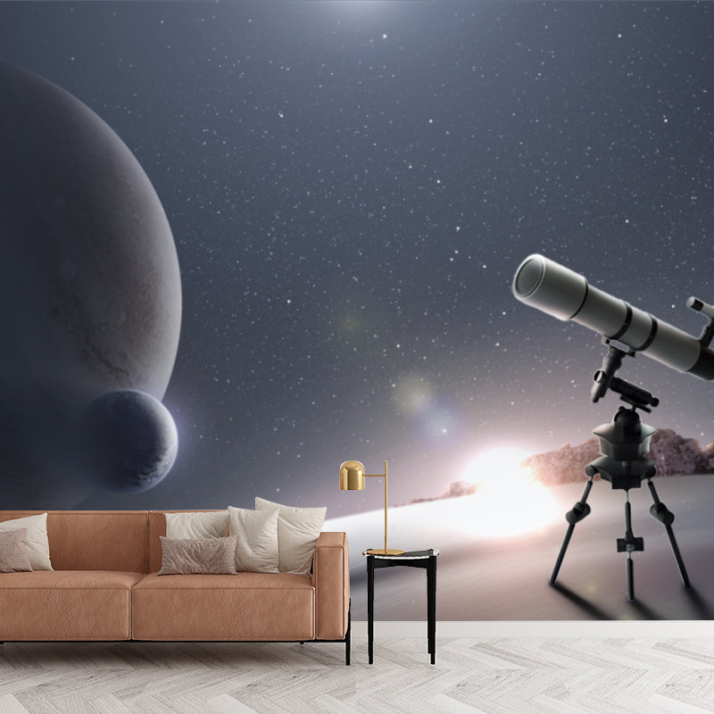 Cool Telescope and Globes Mural for Living Room, Blue and White, Made to Measure