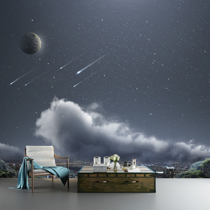 Futuristic City Meteor Shower Murals Aqua Moisture-Resistant Wall Covering for Home