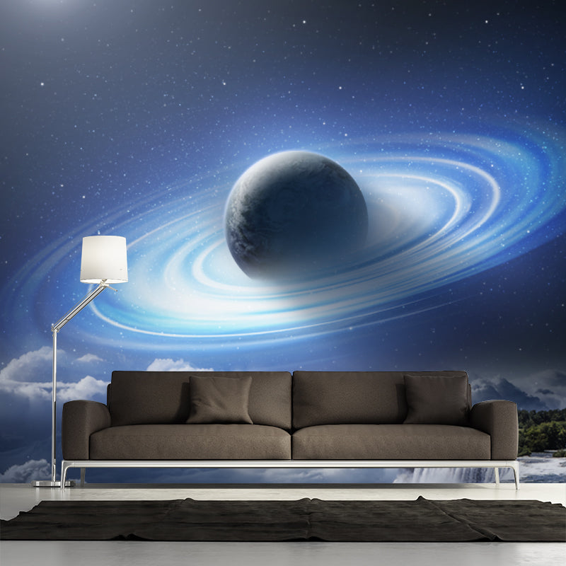 Blue-White Fictional Wall Mural Big Earth over Waterfall Wall Covering for Living Room