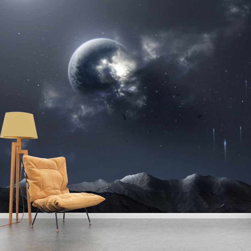 Full Size Sci-Fi Mural Blue-Black Night Globe over Bare Mountain Wall Decor, Custom Made