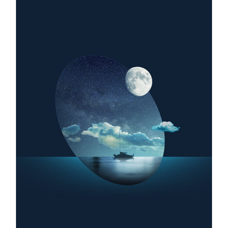 Moon Night Ocean Ship Mural Wallpaper Science Fiction Smooth Wall Covering in Blue