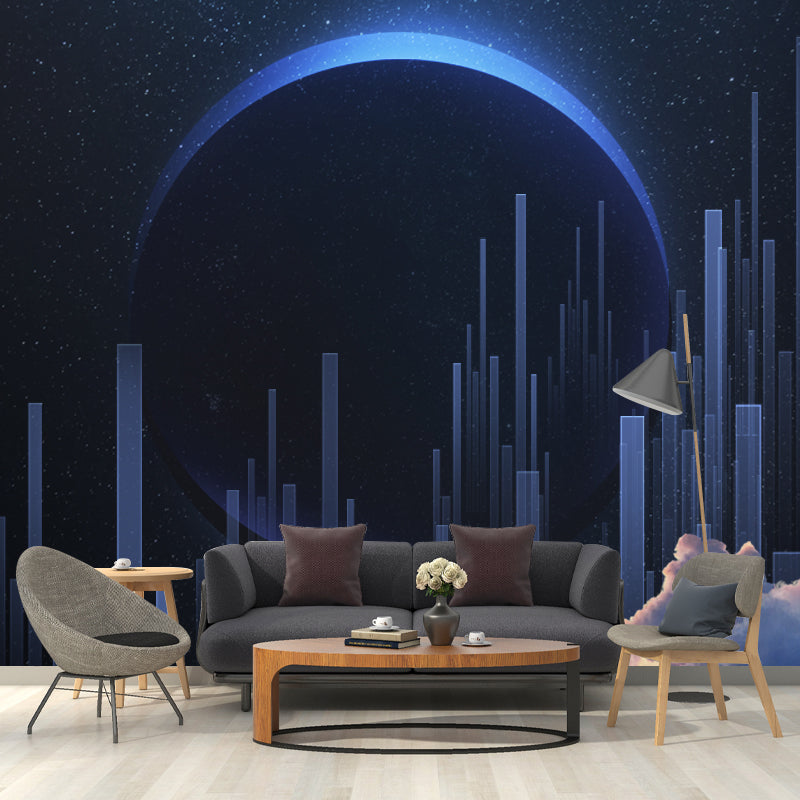 Fictional Moon Eclipse City Murals Decal Blue Bedroom Wall Art, Custom Size Available