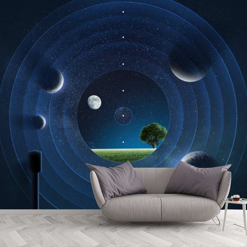 Space Time Tunnel Wall Mural Futuristic Non-Woven Wall Covering in Blue, Custom Made