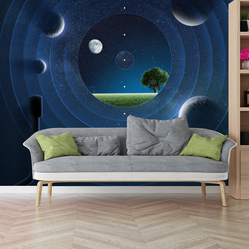 Space Time Tunnel Wall Mural Futuristic Non-Woven Wall Covering in Blue, Custom Made