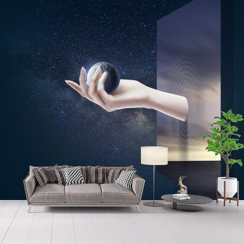 Large Sci-Fi Mural Wallpaper Blue Hand Breaking Window with Earth Ball Wall Art, Custom Size