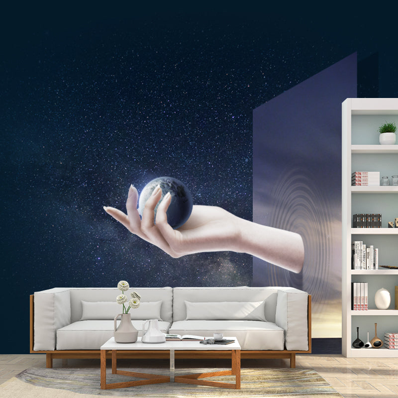 Large Sci-Fi Mural Wallpaper Blue Hand Breaking Window with Earth Ball Wall Art, Custom Size