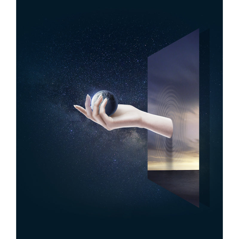 Large Sci-Fi Mural Wallpaper Blue Hand Breaking Window with Earth Ball Wall Art, Custom Size