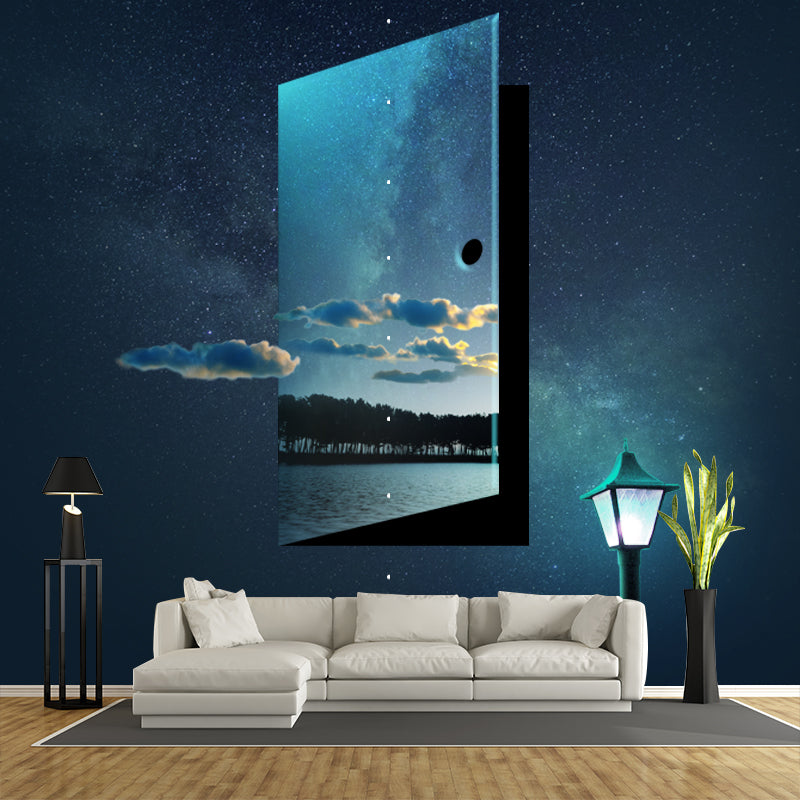 Futuristic Time Travel Murals Wallpaper Blue Non-Woven Fabric Wall Decor for Bedroom