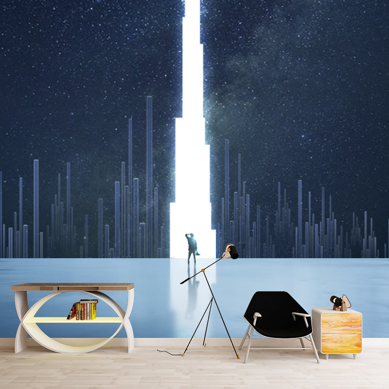 Futuristic Night City Wall Mural Blue-White Bedroom Wall Covering, Personalized Size