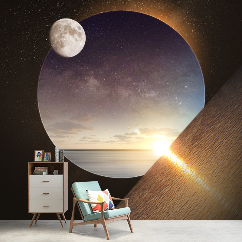 Full Size Space Planet Murals Sci-Fi Resplendent Sunrise Ocean Wall Decor in Yellow-Black