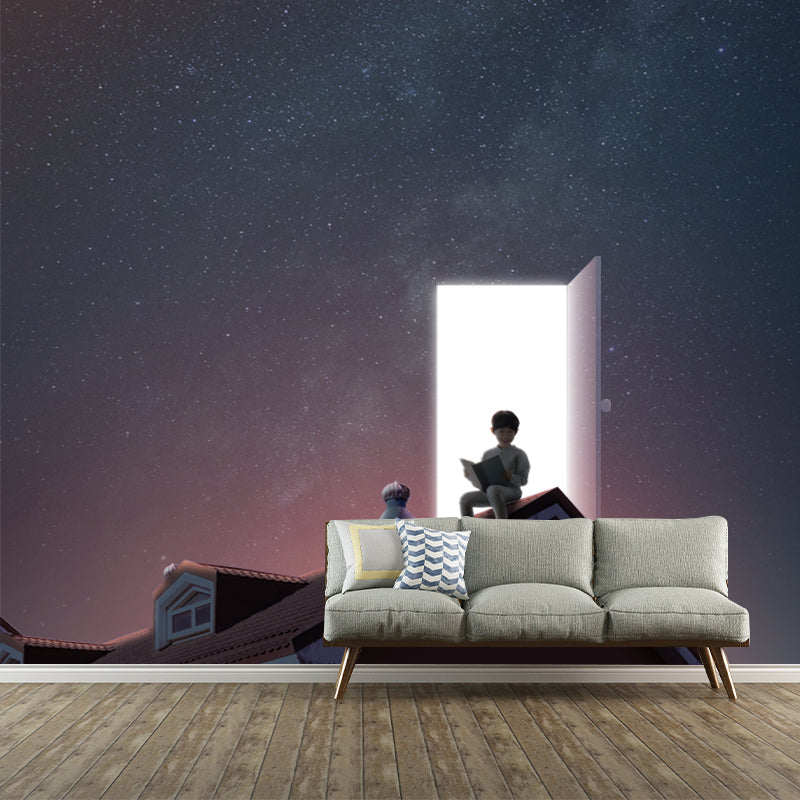 Mystic Boy Reading Mural Wallpaper for Bedroom Time Travel Wall Decor, Custom Print