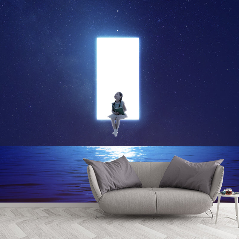 Whole Sci-Fi Wall Paper Murals in Blue-White Girl Suspended over Night Ocean Wall Art, Optional Size