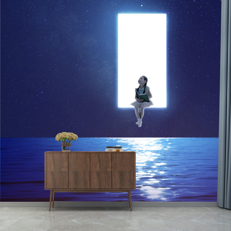Whole Sci-Fi Wall Paper Murals in Blue-White Girl Suspended over Night Ocean Wall Art, Optional Size