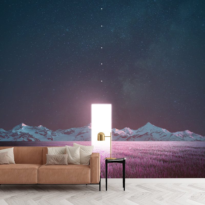 Futuristic Night Lavender Field Mural Pink-Blue Time Travel Wall Covering for Bedroom